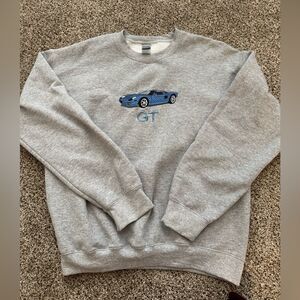 Gray Crewneck Sweater with Blue Car Design